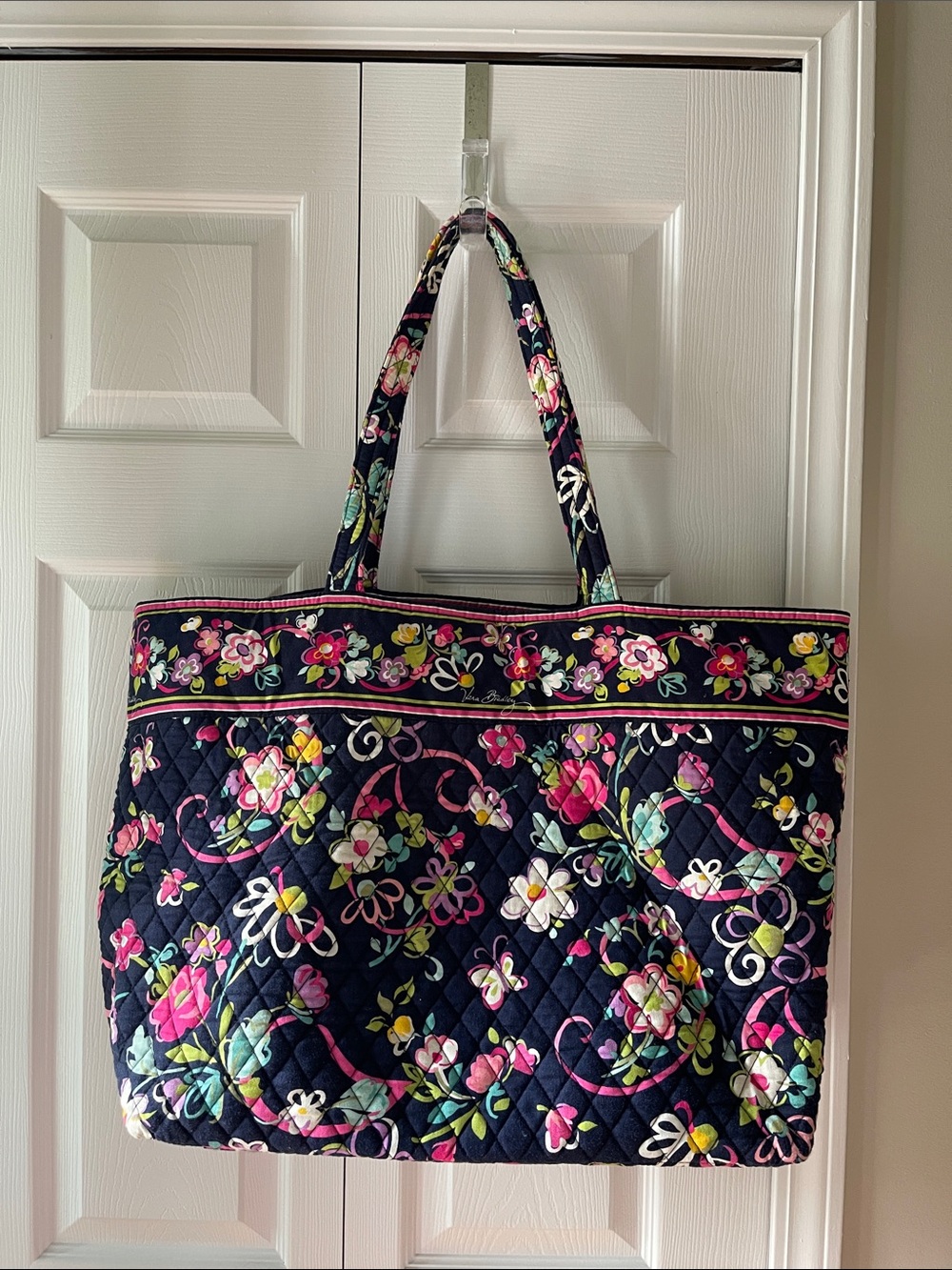 Vera Bradley Navy Quilted Floral Tote with Pink & Yellow Accents